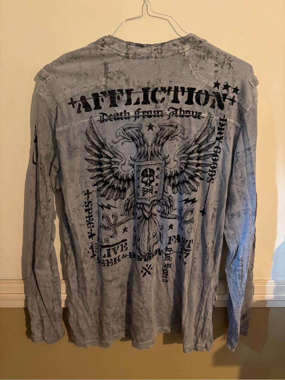 Y2K Vintage Affliction Long Sleeve Graphic Tee - Light Gray with Black Print